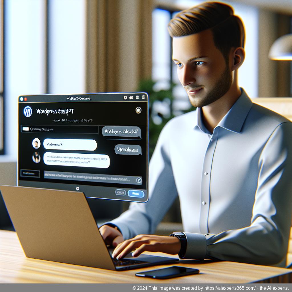 A professional setting showcasing a person interacting with a computer displaying the WordPress ChatGPT Chatbot Plugin interface, symbolizing enhanced customer engagement.
