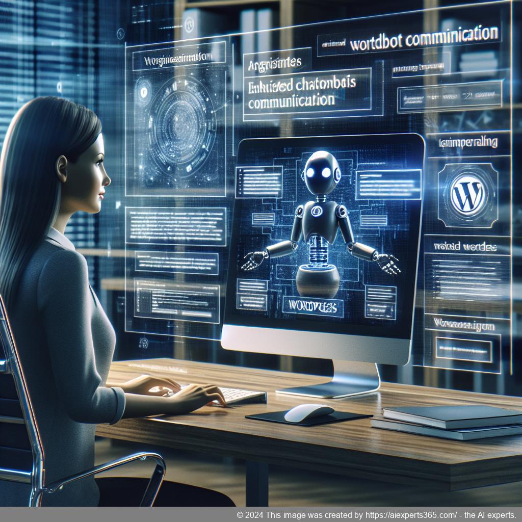 A modern workspace featuring a computer screen displaying Ailisha's AI Chatbot interface on a WordPress site.