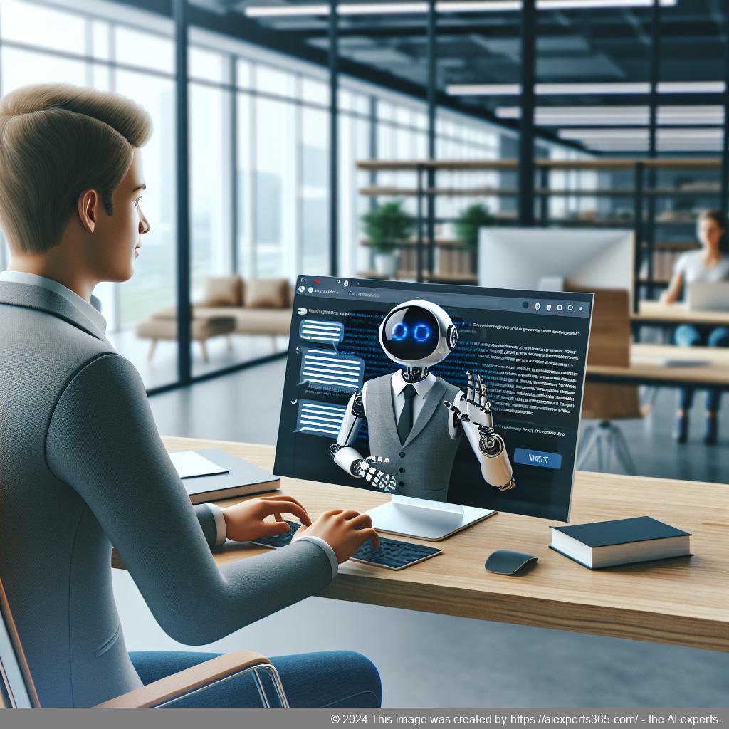 A professional setting showcasing a person interacting with a computer displaying a chatbot interface on a WordPress website.