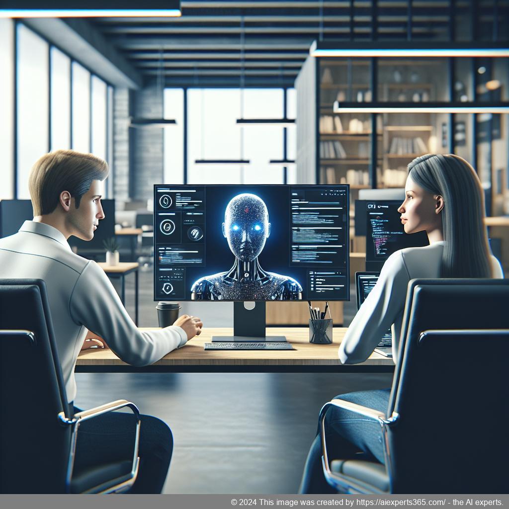 A professional setting showcasing a diverse team collaborating over a laptop with an open chat interface displaying a friendly AI-driven chatbot.