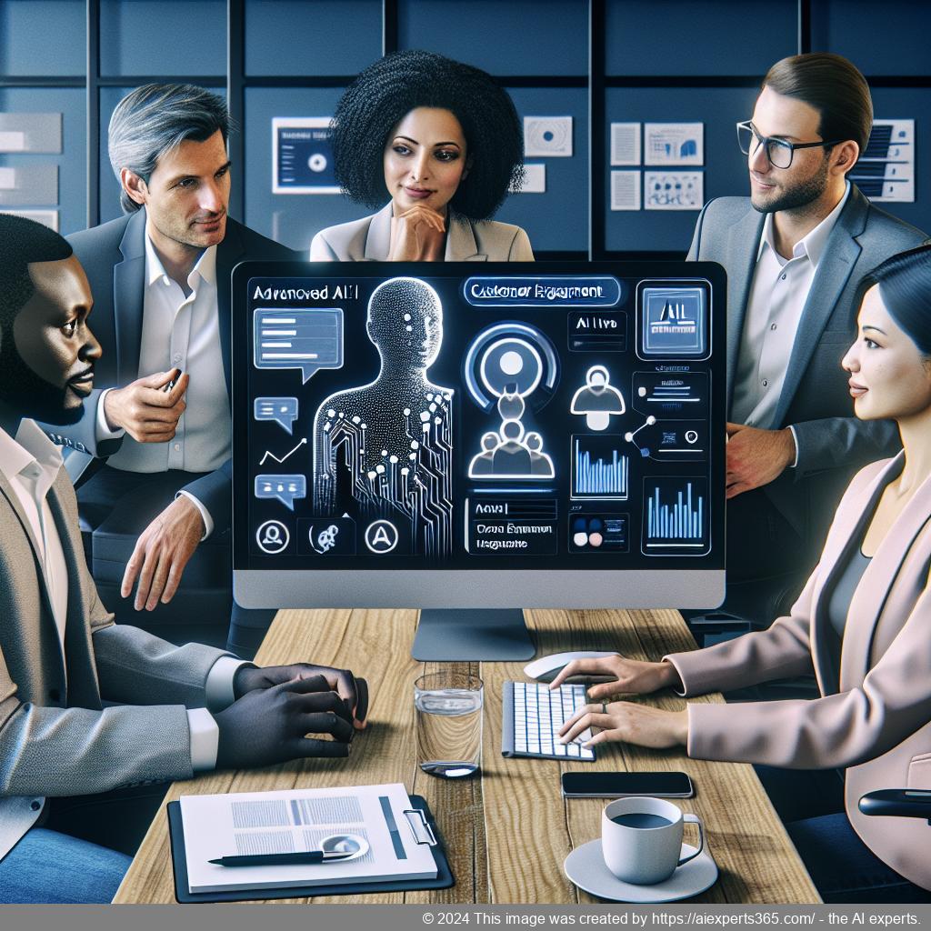 A modern office setting showcasing a diverse team collaborating over a computer screen displaying an AI-driven WordPress chat plugin interface.