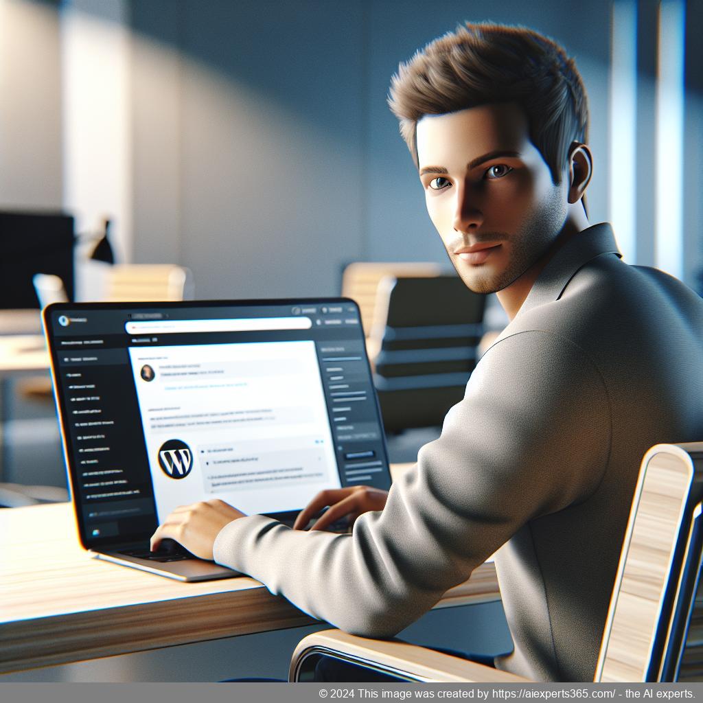 A professional setting showcasing a person interacting with a WordPress ChatGPT chatbot on a laptop screen, emphasizing digital engagement.
