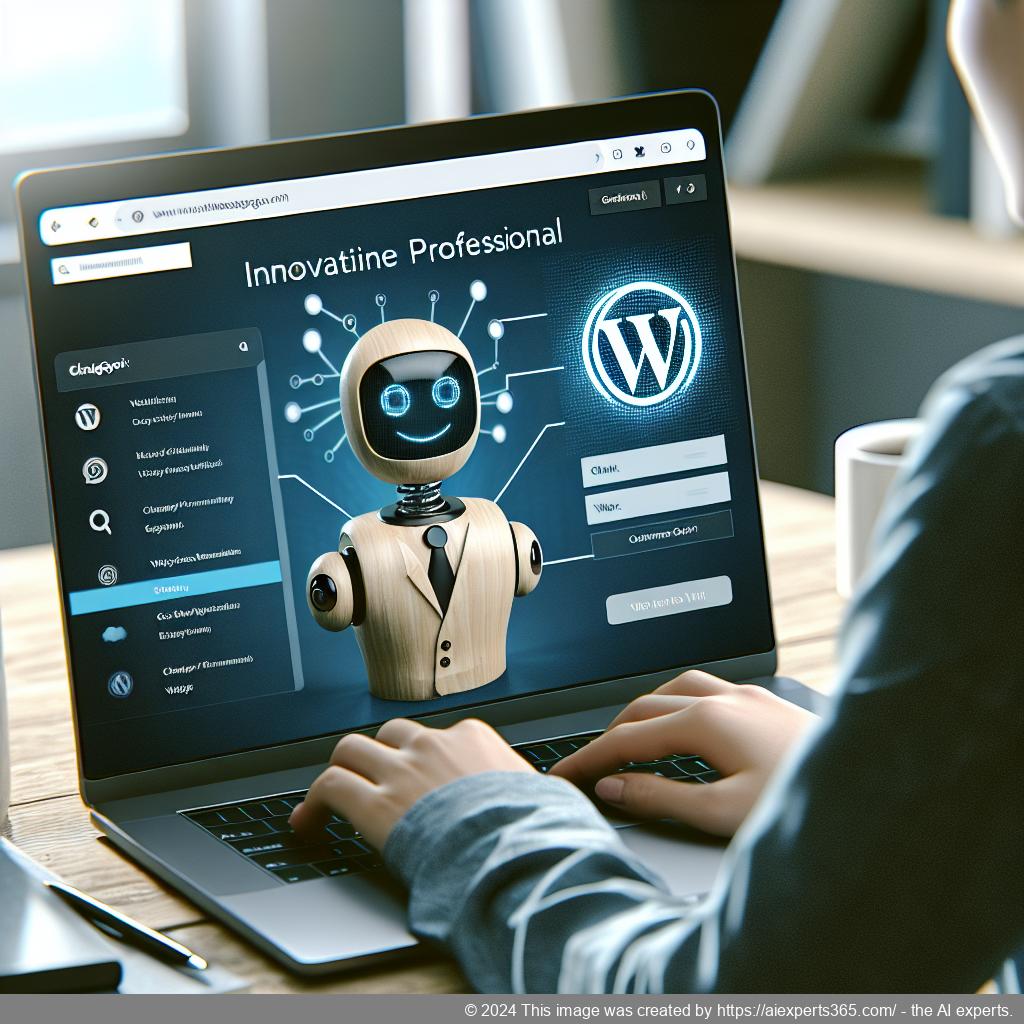 A professional setting showing a person interacting with a WordPress ChatGPT chatbot on their laptop, symbolizing enhanced customer service.