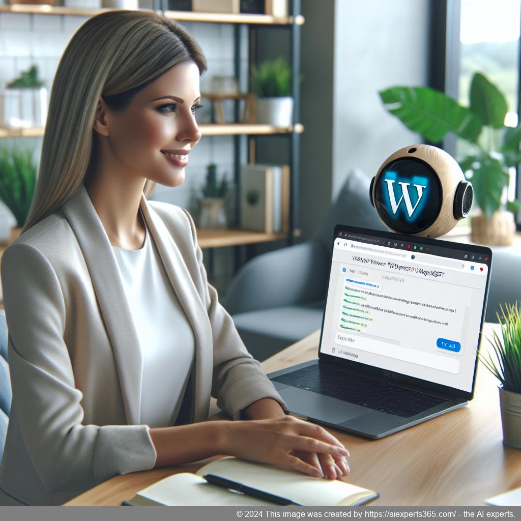 A professional-looking woman interacting with an AI-driven WordPress ChatGPT chatbot on her laptop screen.