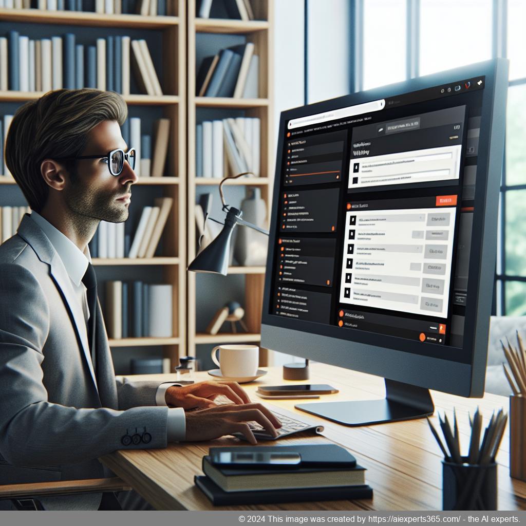 A professional looking at a computer screen displaying a WordPress chat plugin interface, symbolizing effective customer engagement.