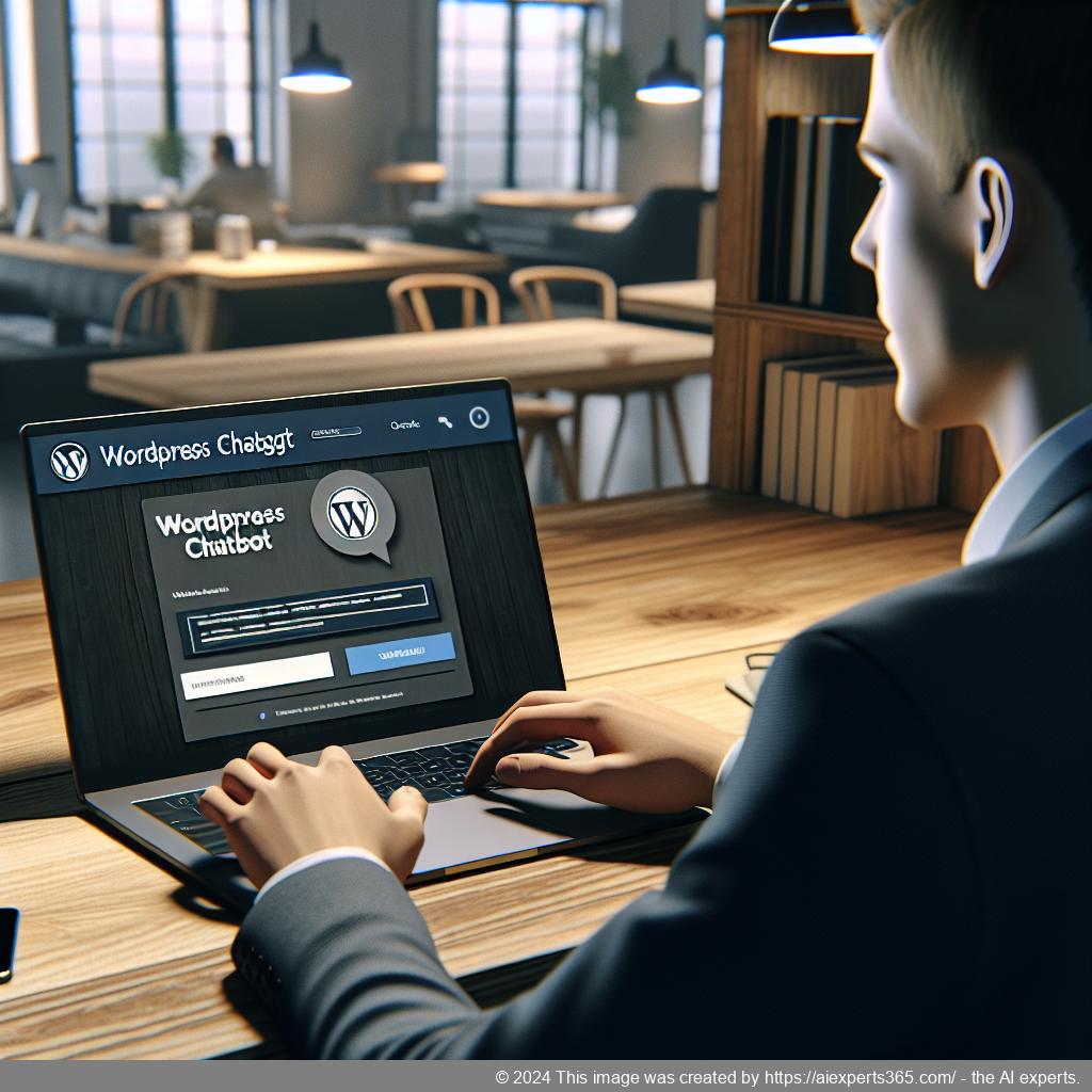 A professional setting showcasing a person interacting with a WordPress ChatGPT chatbot on their laptop, emphasizing enhanced user experience.