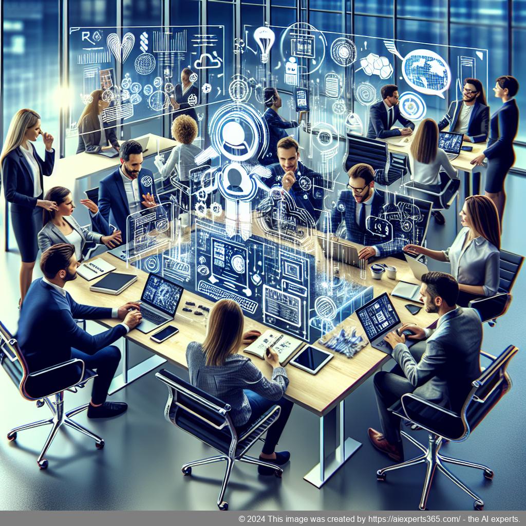 A professional setting showcasing a diverse team collaborating on enhancing customer experiences through a multi-department chatbot.