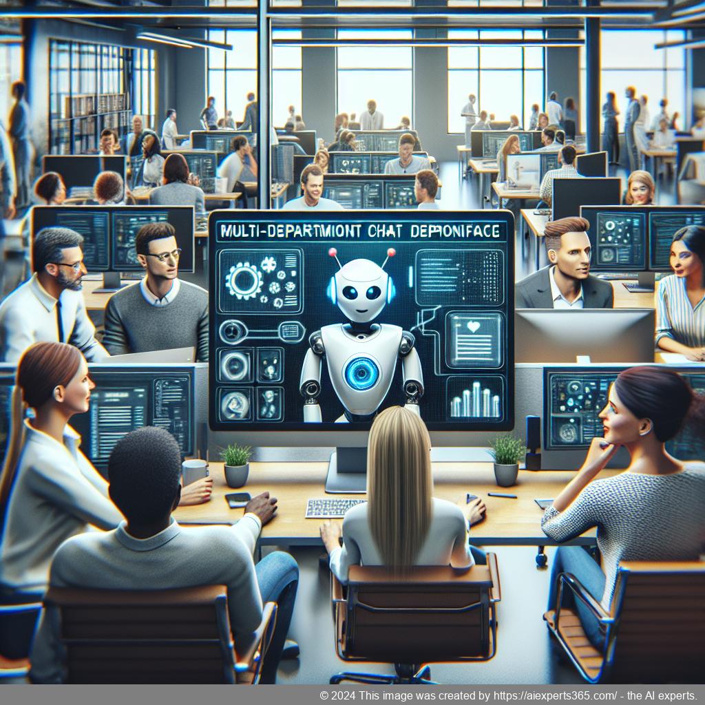 A professional setting showcasing diverse team members collaborating around a computer screen displaying a multi-department chatbot interface.