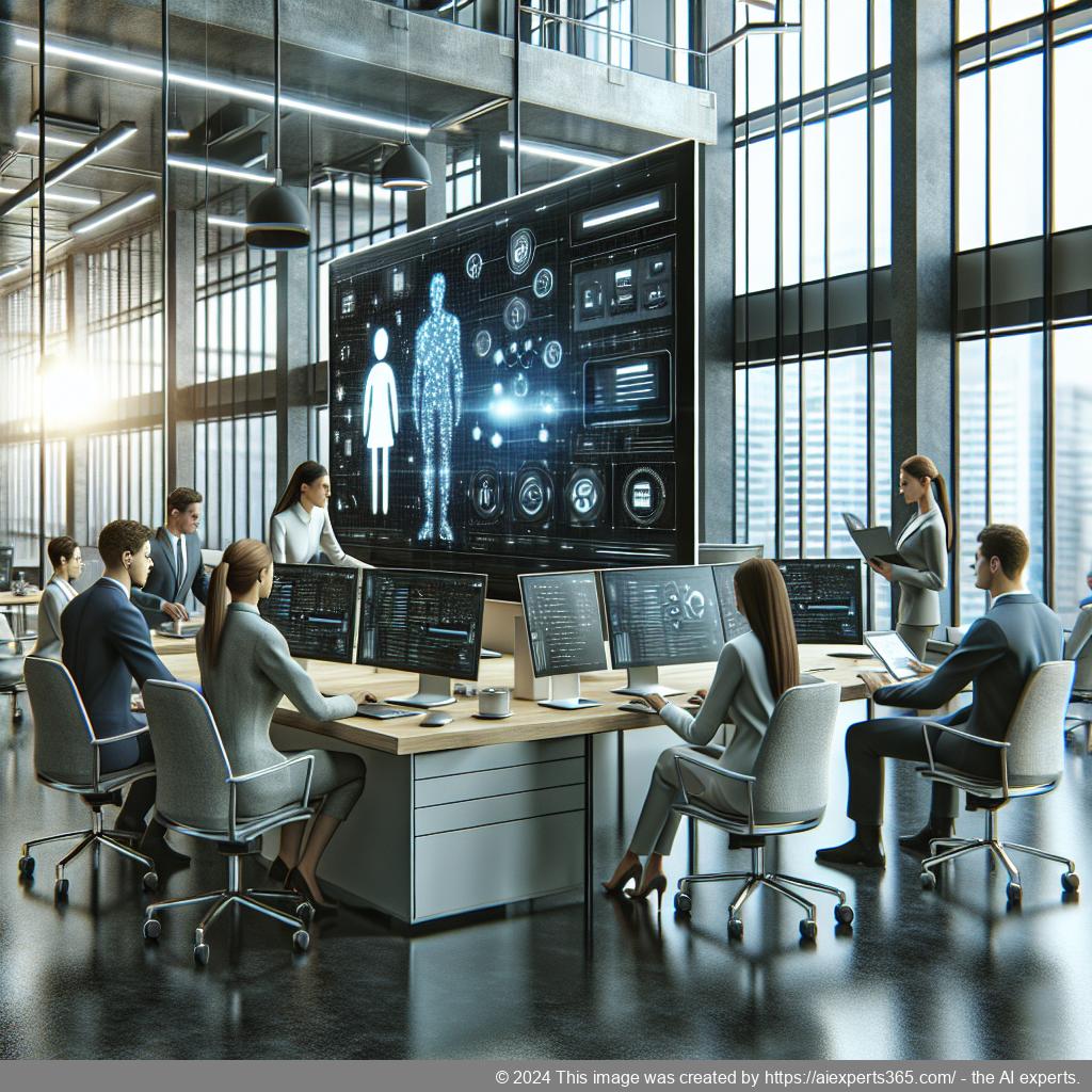 A professional setting showing a diverse team collaborating around a computer with a multi-department chatbot interface displayed on the screen.