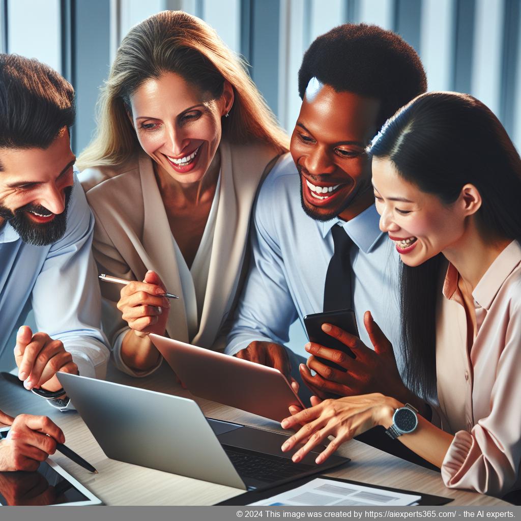 A professional setting showcasing a diverse team collaborating over digital devices discussing strategies related to a multi-department chatbot integration.