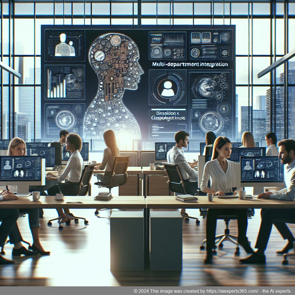 A visual representation of a diverse team collaborating through a multi-department chatbot interface, showcasing improved communication.