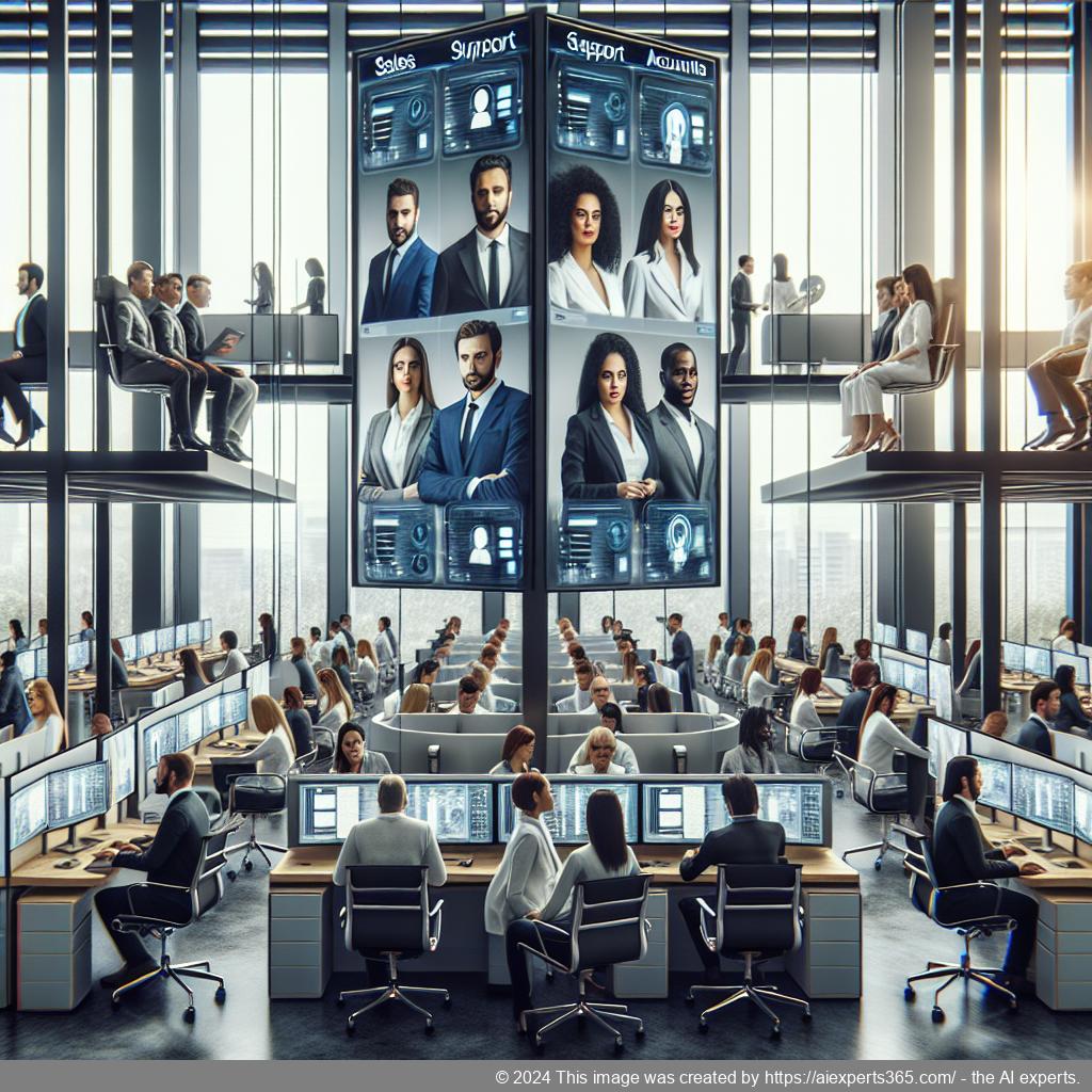 A visual representation of a customized multi-department chatbot interacting with users from different business sectors.