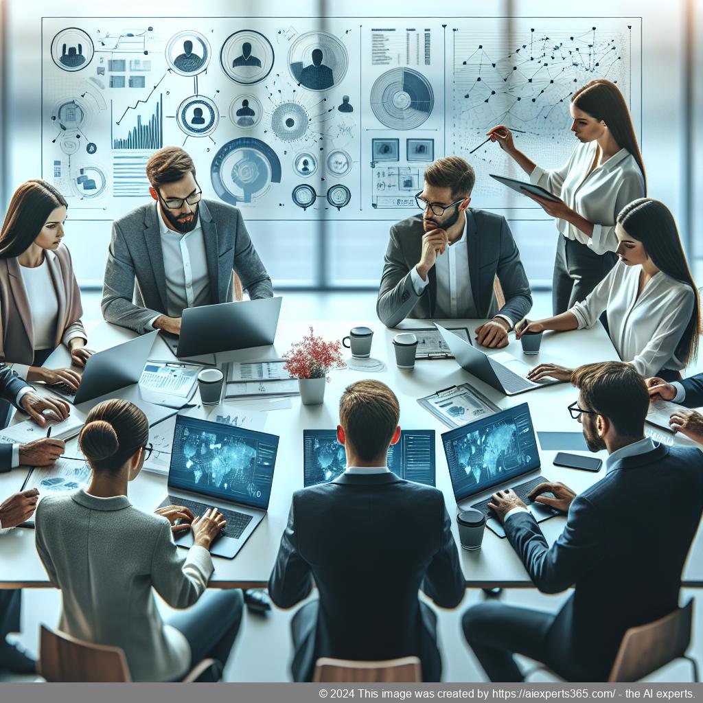 A visual representation of a diverse team collaborating over technology while utilizing a multi-department chatbot for enhanced communication.