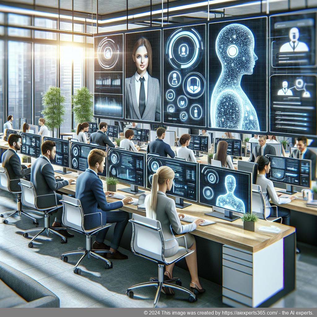 A visual representation of a multi-department chatbot assisting customers through various business functions like sales and support.