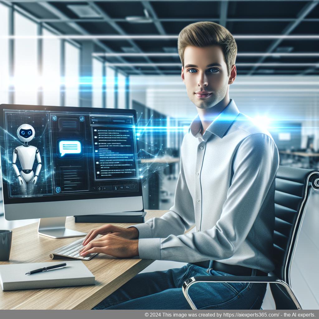 A professional setting showcasing a person interacting with an advanced AI chatbot interface on a computer screen, representing seamless user interaction through technology.