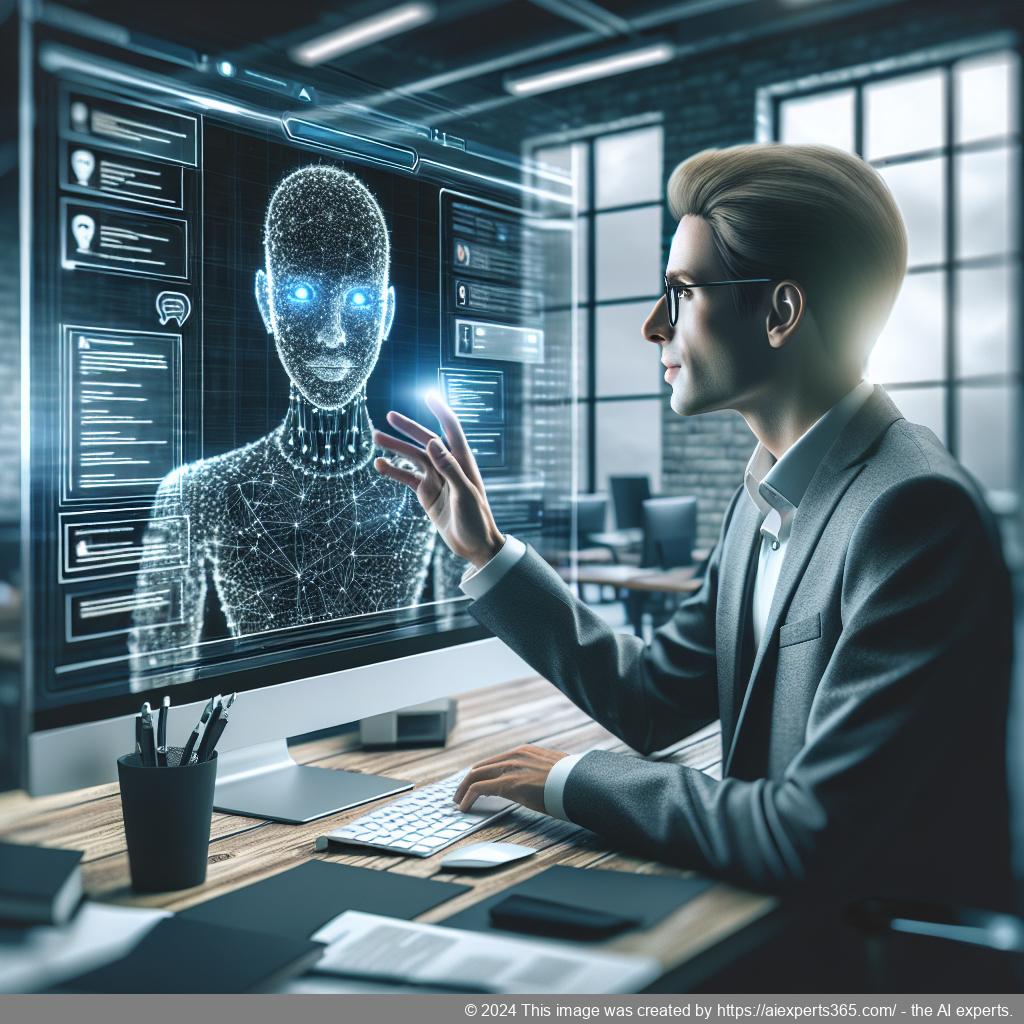 A visual representation of a professional setting where a German or Western European individual interacts with an advanced AI-driven chatbot on a computer screen.