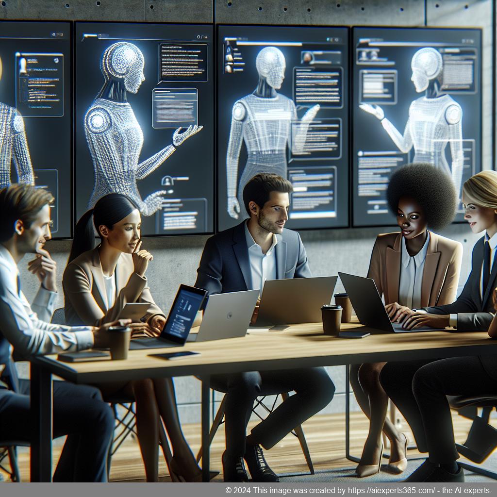 A professional setting showcasing a diverse team collaborating over digital devices while utilizing the best WordPress AI chatbot technology.