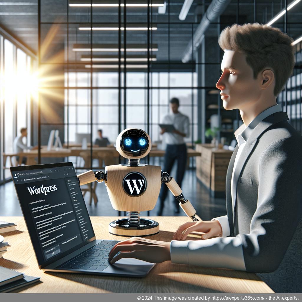 A professional setting showcasing a person interacting with an advanced WordPress AI Chatbot interface on a laptop.