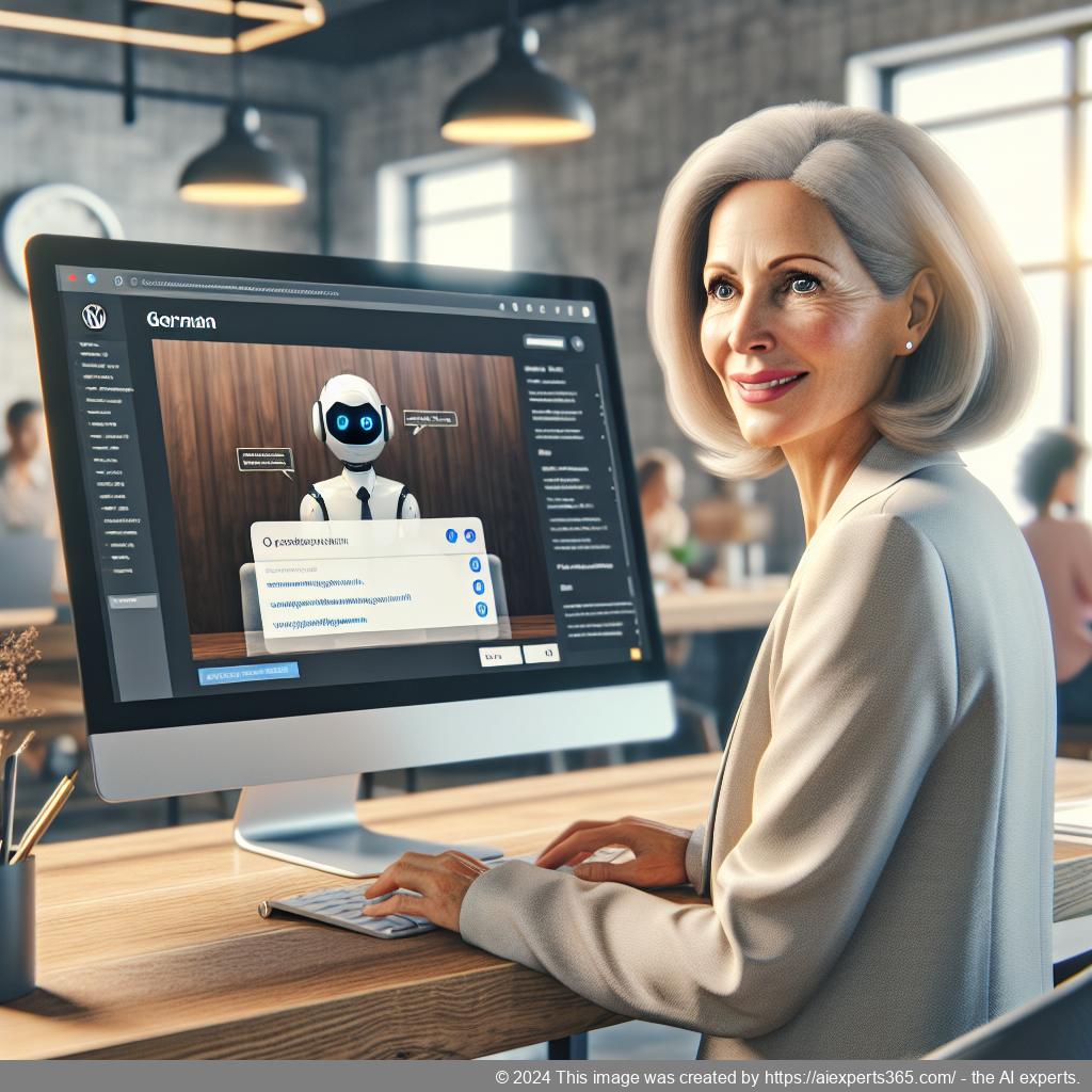 A visual representation of a friendly German-speaking woman interacting with a computer screen displaying an advanced WordPress AI Chatbot interface.