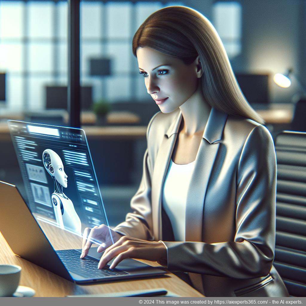 A professional woman interacting with an advanced WordPress AI chatbot interface on her laptop.