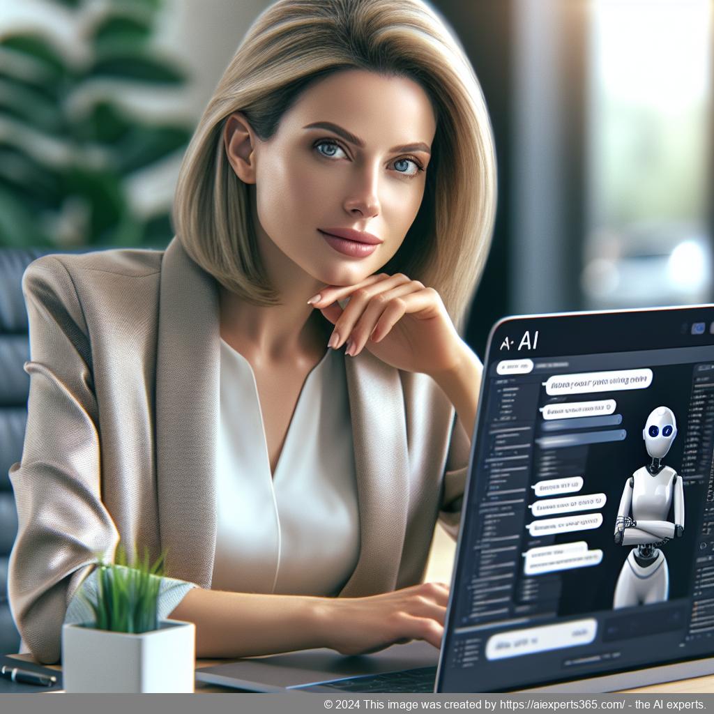 A professional woman interacting with an AI-powered WordPress chatbot on her laptop while discussing strategies for improving customer engagement.