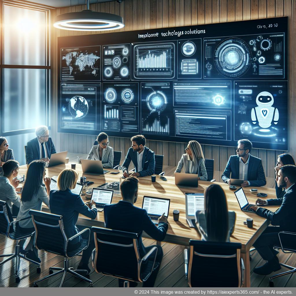 A modern office setting featuring a diverse group of professionals discussing strategies related to implementing a WordPress chatbot plugin.