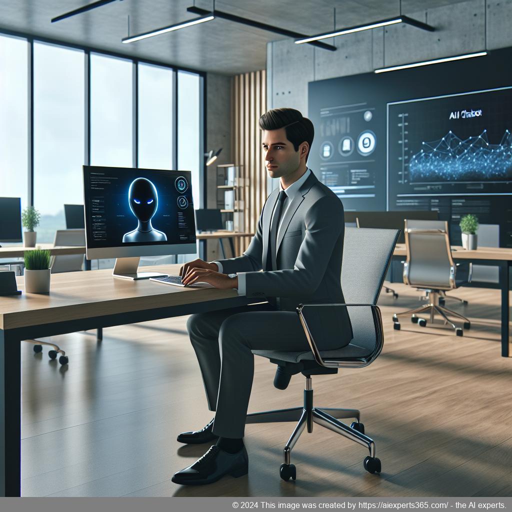 A visual representation of a business professional interacting with an AI chatbot interface on a computer screen showcasing enhanced customer service through technology.