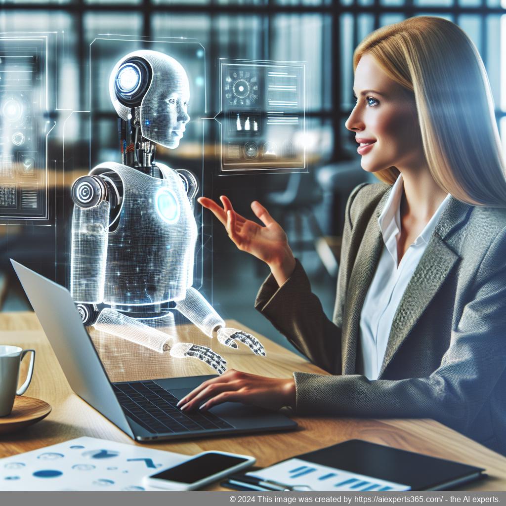 Illustration of a professional German woman interacting with an AI chatbot on a laptop screen showcasing the benefits of the WordPress ChatGPT chatbot plugin.