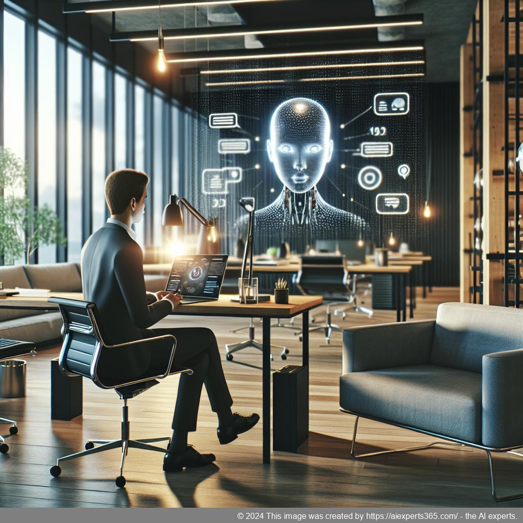 A professional setting showcasing a user interacting with Ailisha's AI Chatbot on a laptop screen within a modern office environment.