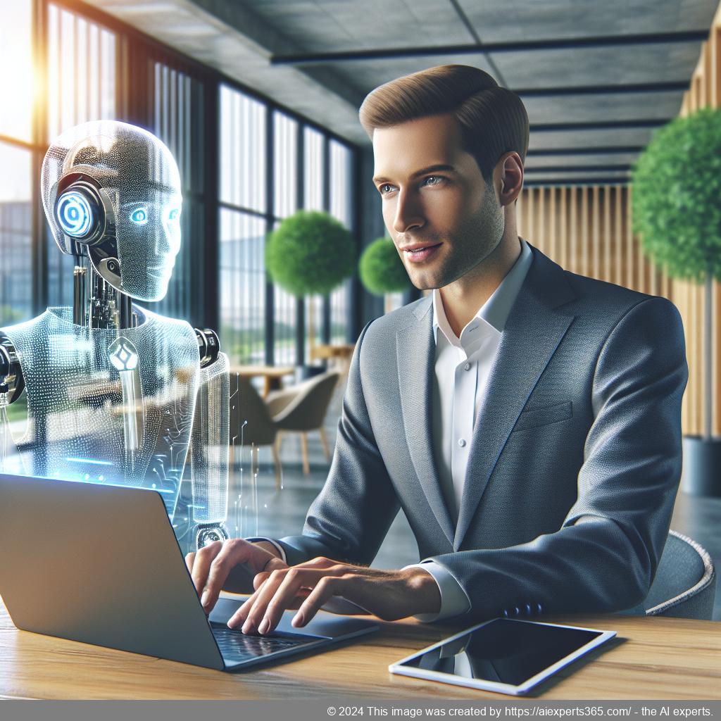 Illustration of a person interacting with a chatbot on a WordPress website using AI technology.