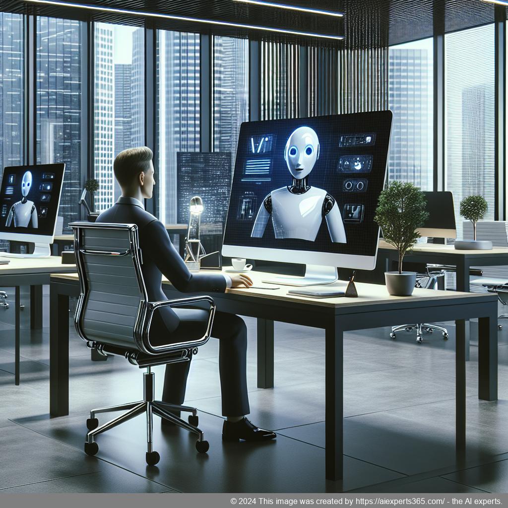 Illustration of a professional setting showcasing a person interacting with an AI chatbot on a computer screen using the WordPress ChatGPT chatbot plugin.