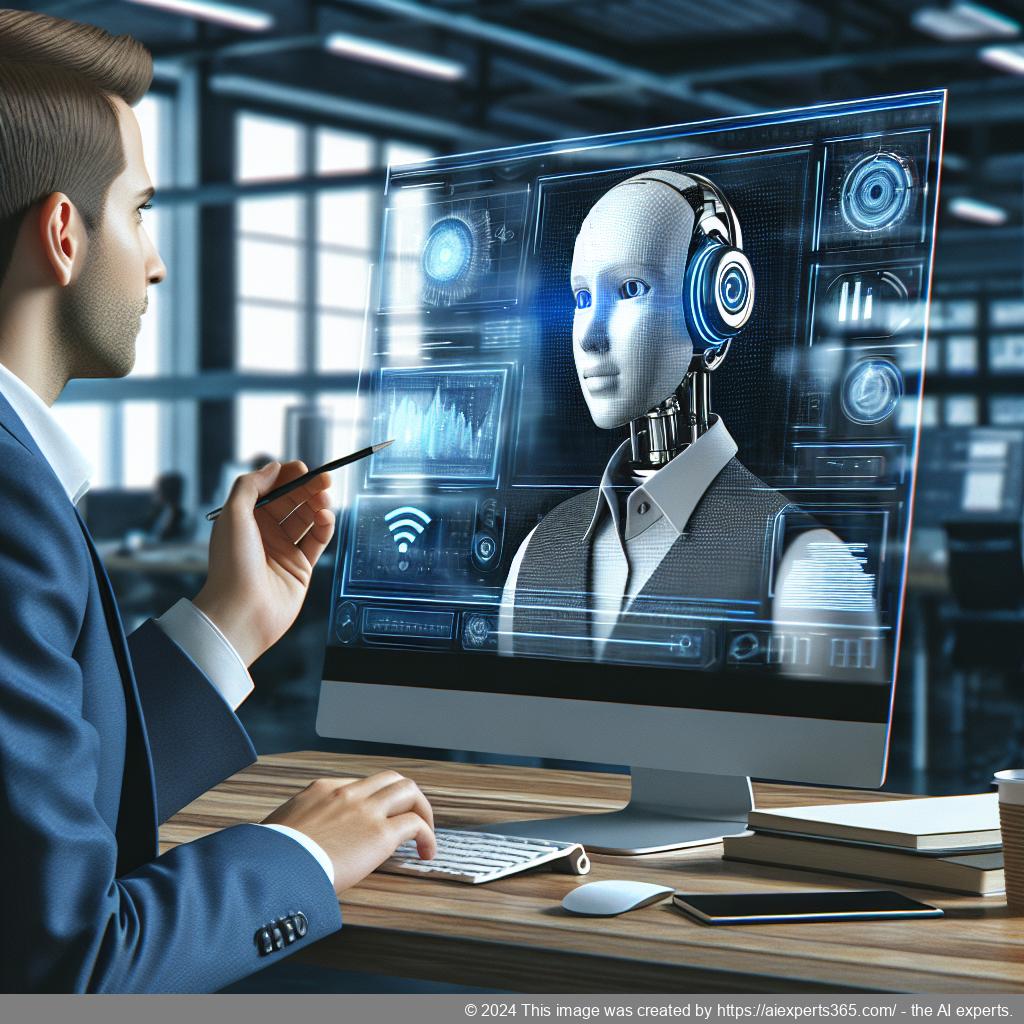 A visual representation of a business professional interacting with an AI chatbot interface on a computer screen, showcasing advanced technology in customer service.