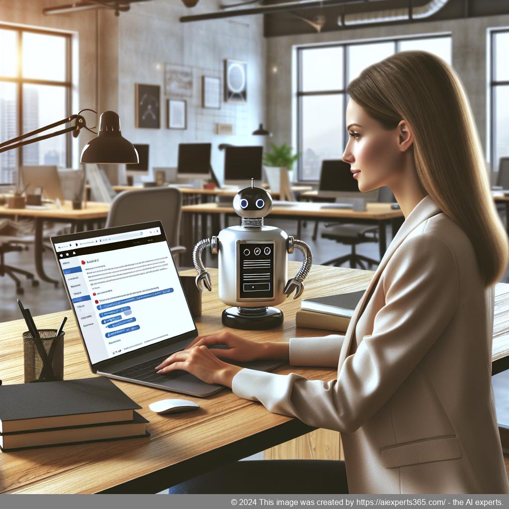 A professional woman interacting with a computer displaying a chatbot interface on a WordPress site.