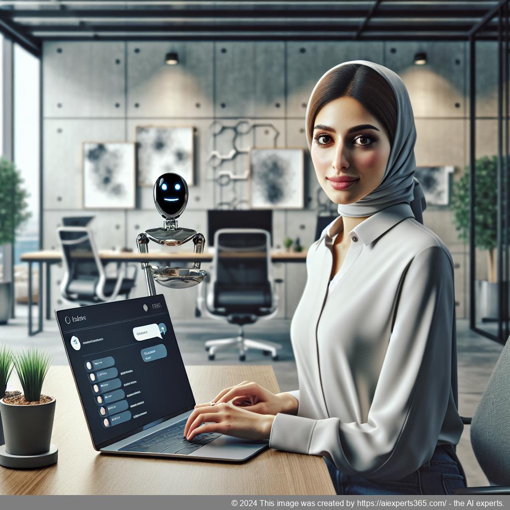 A professional setting showcasing a person interacting with a laptop displaying a chat interface of the best WordPress chatbot.