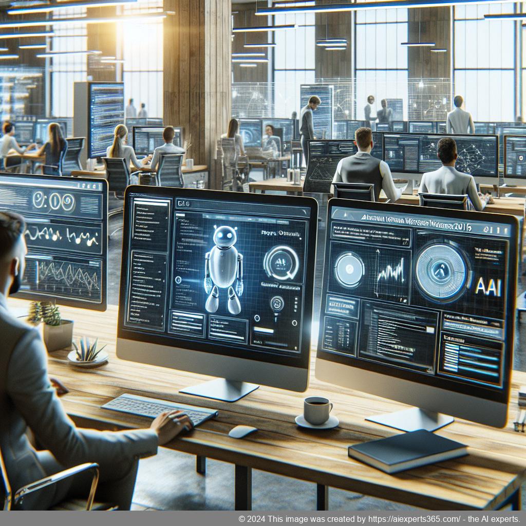 A professional setting showcasing a diverse group of people engaging with a computer interface displaying a WordPress chatbot plugin.