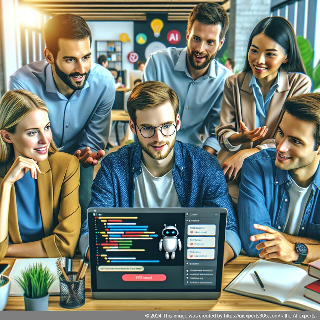 A professional team discussing strategies while using an AI-driven WordPress chatbot plugin on a laptop.