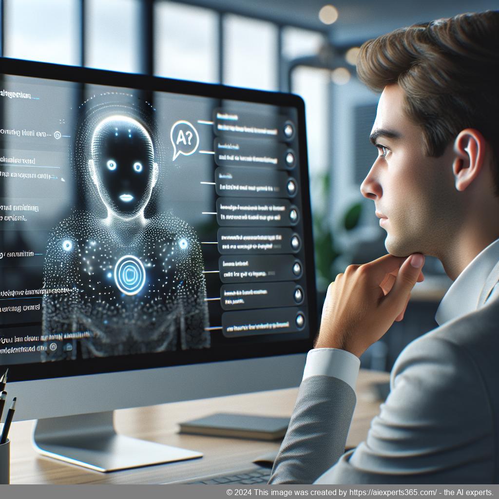 A professional setting showcasing a person interacting with a computer displaying a chat interface powered by an AI-driven WordPress chatbot.