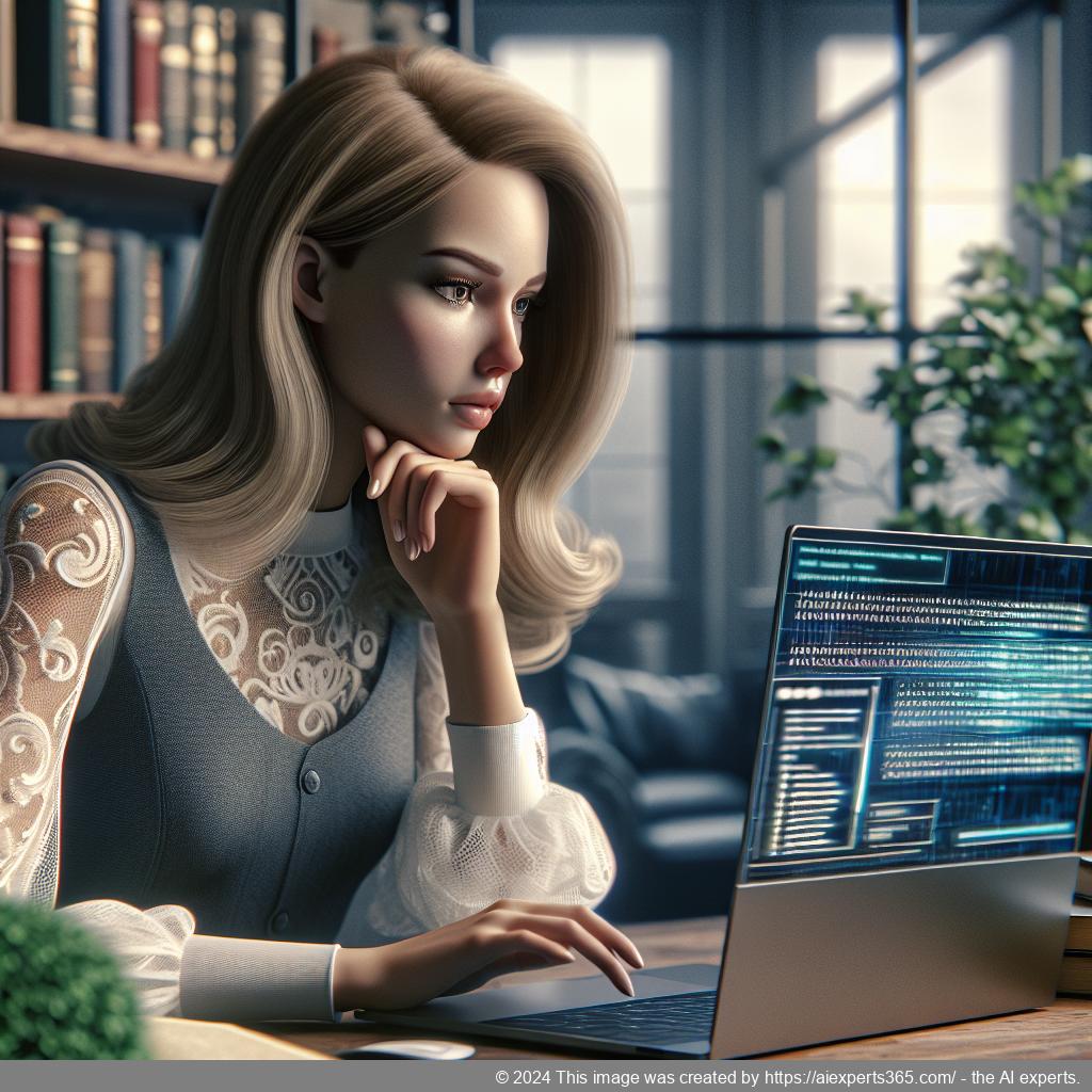 A professional-looking woman interacting with an AI-powered chatbot interface on a laptop screen showcasing enhanced customer service capabilities.