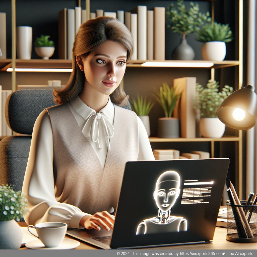 A professional-looking woman interacting with an AI-driven chatbot on her laptop, symbolizing enhanced customer engagement through a WordPress chat plugin.