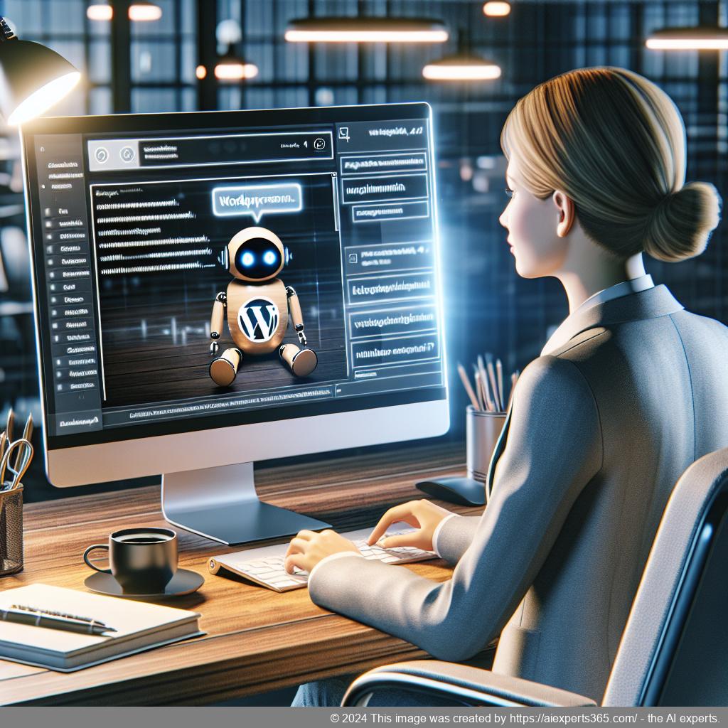 A professional-looking German woman interacting with a WordPress chatbot on her laptop, showcasing enhanced customer engagement.