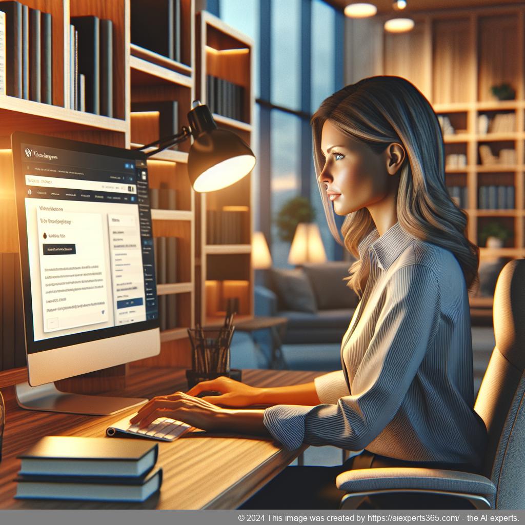 A professional-looking German-speaking woman interacting with a computer screen displaying a WordPress chatbot interface.