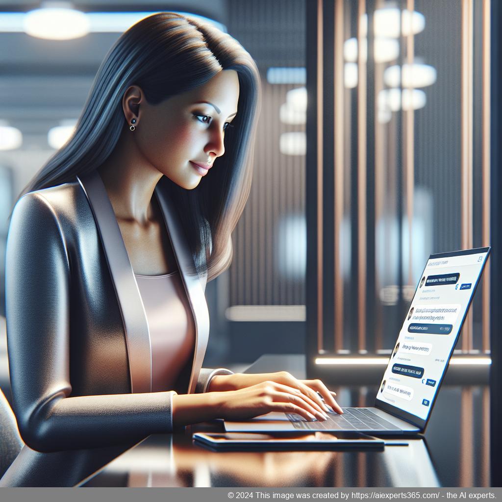 A professional woman interacting with an innovative WordPress chatbot interface on her laptop.
