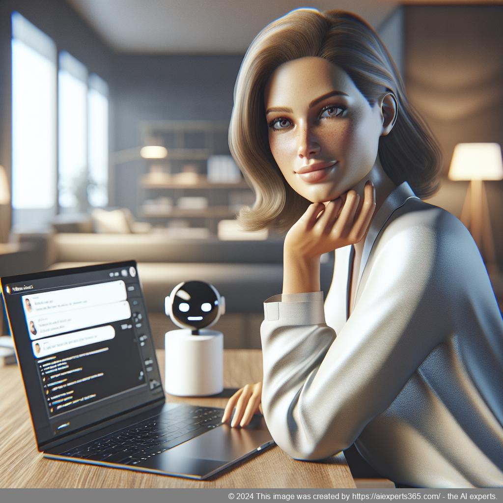 A professional-looking German-speaking woman interacting with an AI-driven chatbot interface on a laptop screen, symbolizing enhanced user satisfaction through effective communication via a WordPress chat plugin.