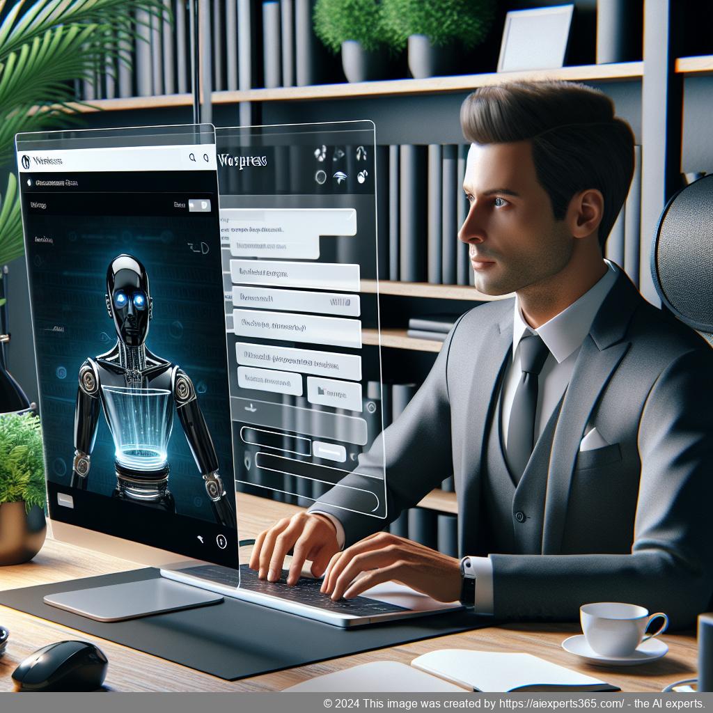 A professional setting showcasing a team member interacting with an AI-driven WordPress chat plugin on a laptop, emphasizing enhanced customer engagement.