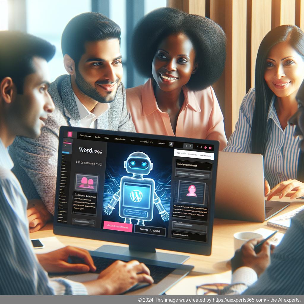 A modern interface showcasing a WordPress website integrated with an AI-driven chatbot offering customer support.