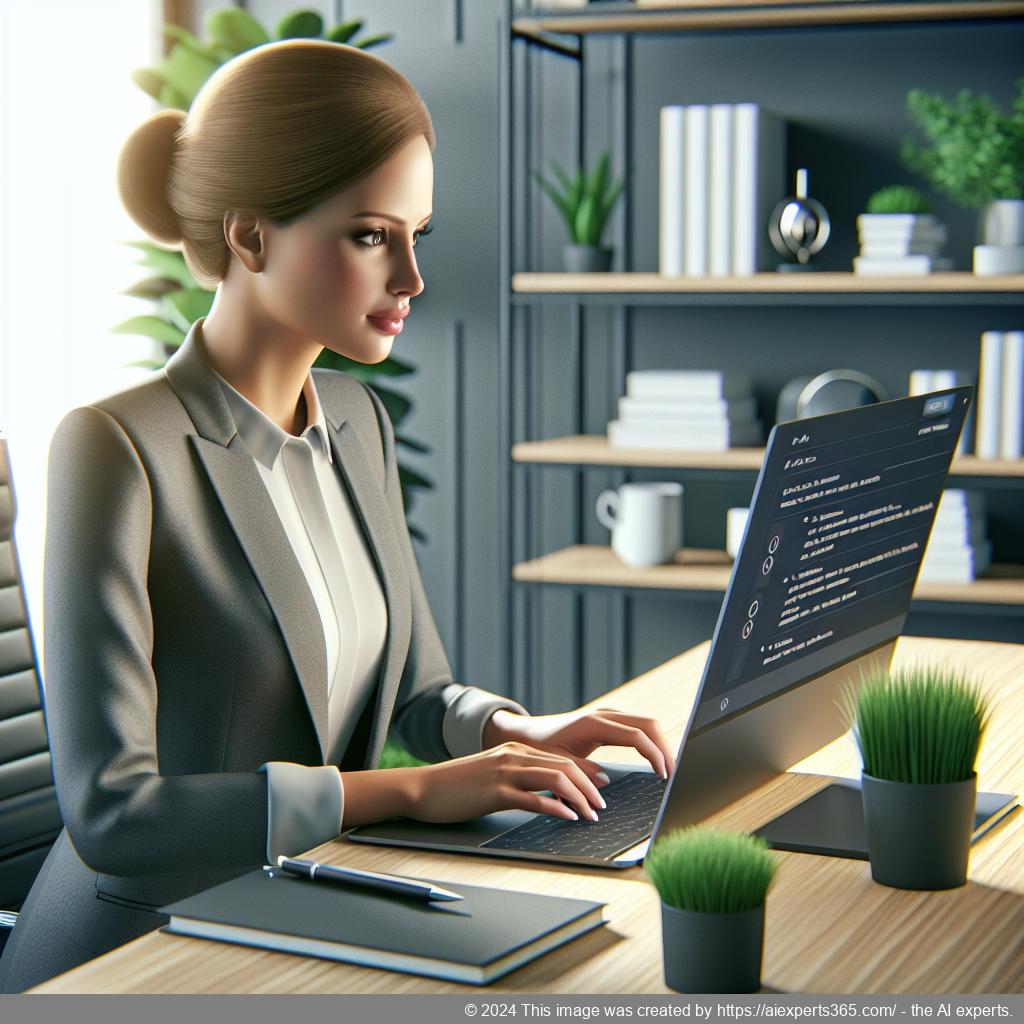 A professional-looking woman interacting with a laptop displaying a customized chatbot interface on a modern office desk.