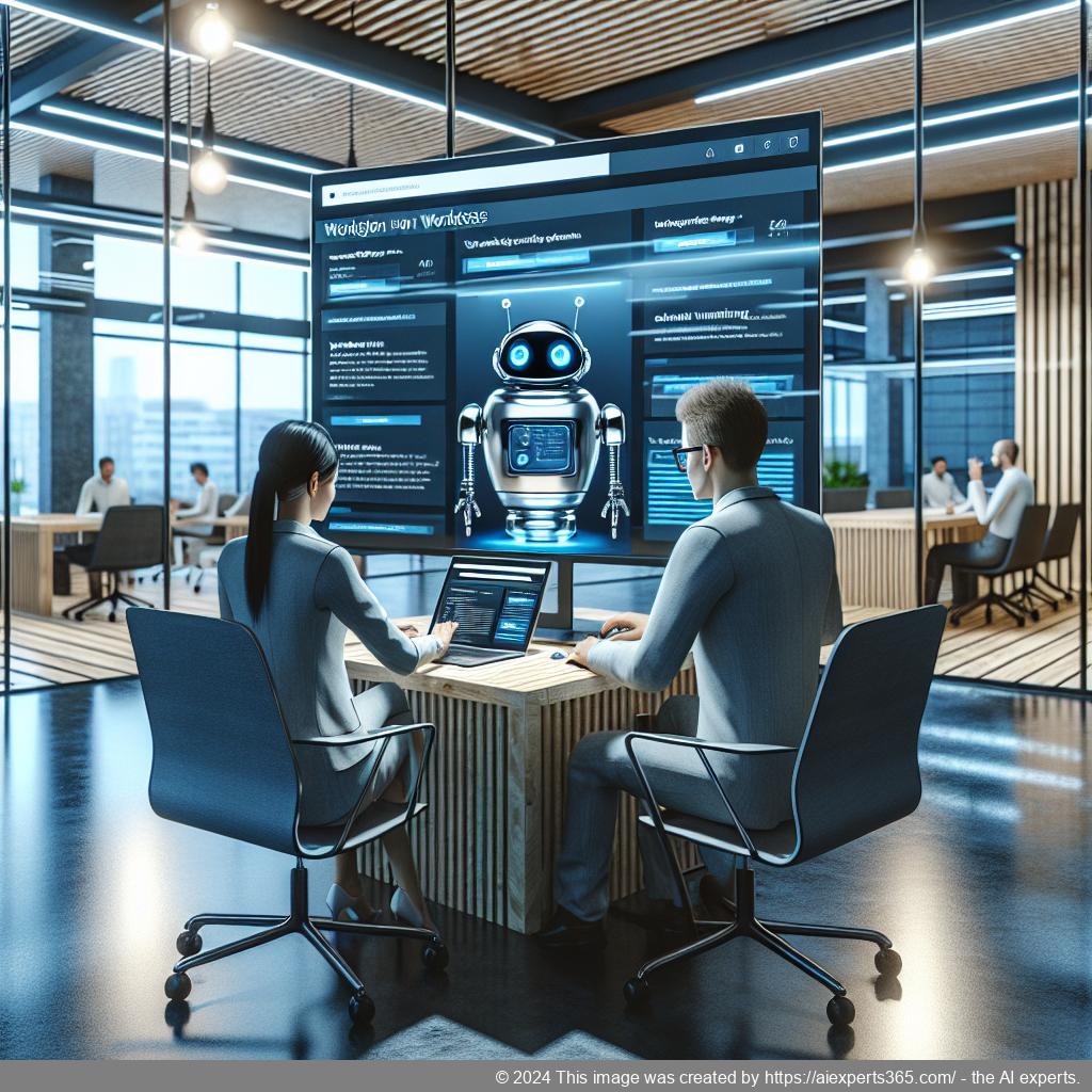 A professional setting showcasing a diverse team discussing strategies around a computer screen displaying a WordPress Chatbot Plugin interface.