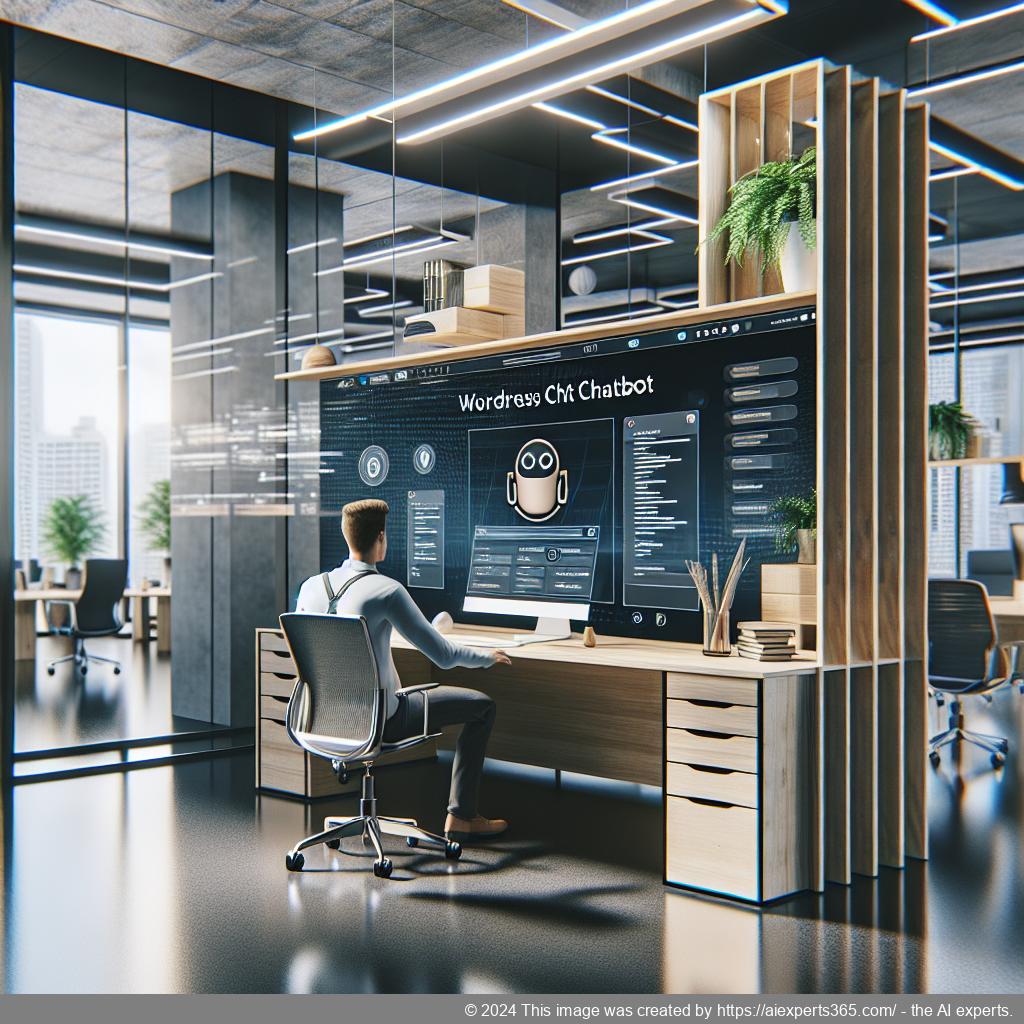 A professional setting showing a person interacting with a computer displaying a WordPress ChatGPT chatbot interface, symbolizing enhanced customer engagement.