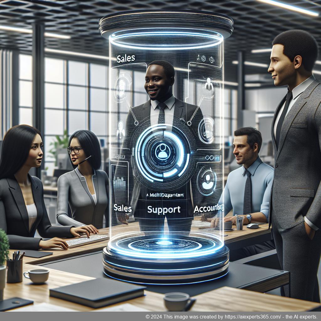 A professional setting showcasing diverse employees collaborating with a multi-department chatbot interface on their screens.