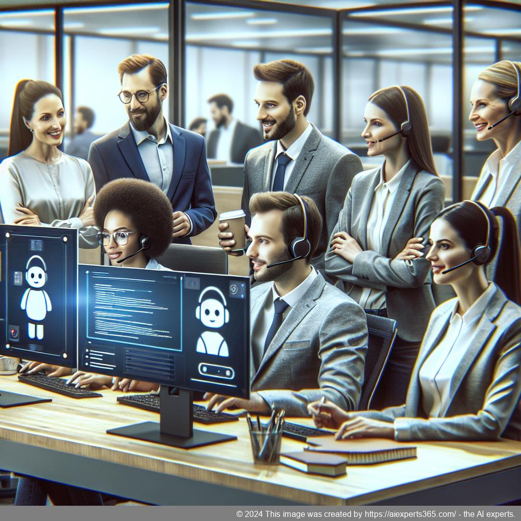 An illustration depicting an advanced multi-department chatbot assisting customers with various inquiries across different sectors like sales and support.